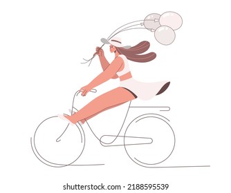 Joven con un vestido blanco y un sombrero blanco sosteniendo globos y montando una bicicleta en un ambiente relajado y feliz. Ilustración de diseño de vectores.