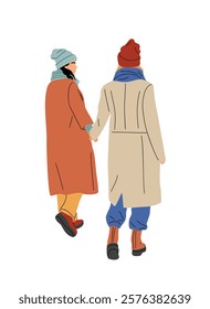 Young woman wearing winter warm clothes, coat, hat and scarf walking together back view. Colorful flat vector illustration isolated on white background