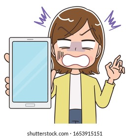 Young woman wearing a yellow cardigan.She uses a smartphone.