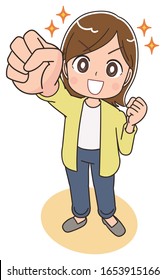 Young woman wearing a yellow cardigan.She has positive emotions.