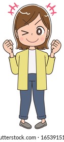 Young woman wearing a yellow cardigan.She has positive emotions.