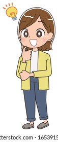Young woman wearing a yellow cardigan.She has positive emotions.