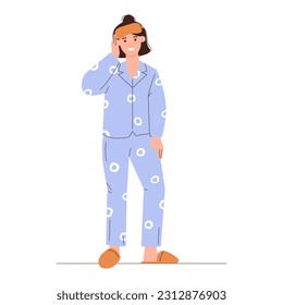 Young woman wears cozy home clothes. Cute girl in comfortable pajamas, nightgown, sleepwear. Vector illustration