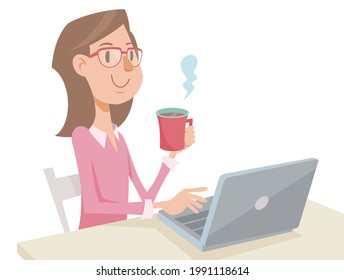 Young woman wears glasses working on laptop. Happy with smile, holding a cup of coffee. Vector illustration in flat cartoon style.