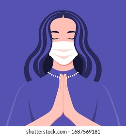 A young woman wears medical mask prays to god. Portrait of a girl with closed eyes in the temple. Coronavirus. Vector flat illustration