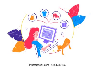 Young woman in web site online shopping and checkout her purchases. Concept girl with cat, internet market. Vector illustration.