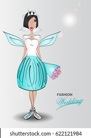 Young woman in a wedding dress. fashion design, Angels, blue template, Vector illustration, Just married, Vector illustration, beauty, spa, cosmetic, flower, lover, wedding invitation card, butterfly