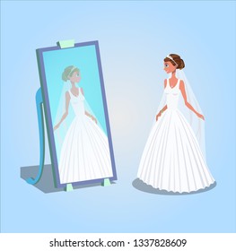 Young Woman in Wedding Dress Vector Illustration. Bride Looking in Mirror Cartoon Character. Wedding Salon, Showroom, Boutique, Shop Flat Drawing. Fashion Model, Fiancee in White Luxury Gown