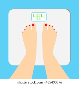 The young woman is weighed on scales.  female feet with a pedicure are on an electronic balance