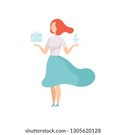 Young Woman Weighing Career and Maternity on Her Hands, Equality, Freedom, Civil Rights, Independence Vector Illustration