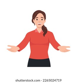 Young woman welcoming people. Flat vector illustration isolated on white background