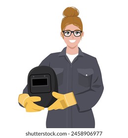 Mujer soldadora joven en un uniforme que sostiene un casco protector. Ilustración vectorial plana aislada sobre fondo blanco