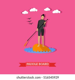 Young woman in wetsuit swim on stand up paddle board. SUP surfing. Active lifestyle. Vector illustration in flat design