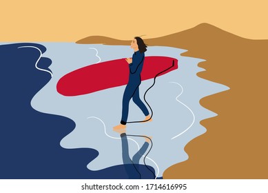 Young woman in wetsuit walking with surfboard on the beautiful wild beach. Vector illustration in flat cartoon style