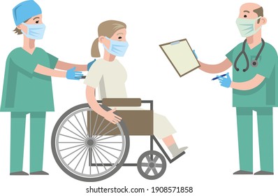 Young woman in a wheelchair at the doctor's appointment. A doctor in medical uniform transports a patient in a wheelchair. Distribution of patients in the hospital. Flat infographics. Vector