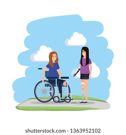 young woman in wheelchair with female helper