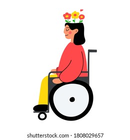 Young woman in wheelchair have good mental health. Vector hand drawn illustration on white background.
