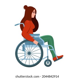 Young woman in wheelchair isolated on white background. Handicapped girl. Vector illustration in flat style. 