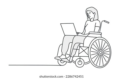 Mujer joven en silla de ruedas con laptop. Ilustración vectorial dibujada a mano.