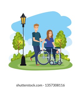 young woman in wheelchair with male helper