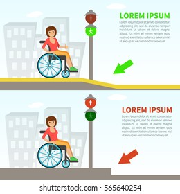 Young woman in a wheelchair on the pavement with ramp and without. Concept for barrier free environment for physically challenged people. Vector illustration. Flat design.