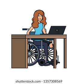 young woman in wheelchair working in the office