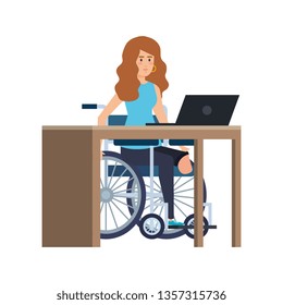 young woman in wheelchair working in the office