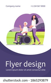 Young woman wheeling wheelchair with senior man. Volunteer helping disabled person flat vector illustration. Disability, volunteering concept for banner, website design or landing web page