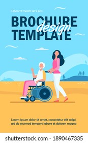 Young woman wheeling wheelchair with senior man. Volunteer helping disabled person flat vector illustration. Disability, volunteering concept for banner, website design or landing web page