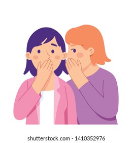 young woman whispering to her friend and surprise her, young woman listening a gossip from her friend, gossip girl  concept vector illustratio character