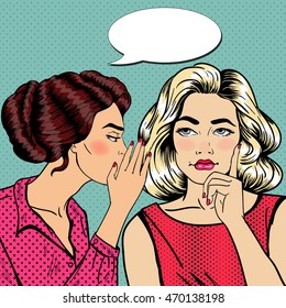 Young Woman Whispering Secret to her Friend. Pop Art Vector illustration