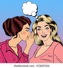 Young Woman Whispering Secret to her Friend. Pop Art Vector illustration