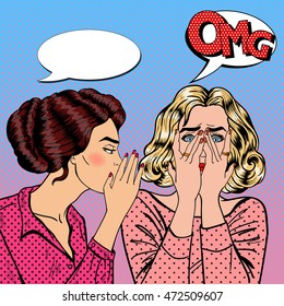 Young Woman Whispering Secret to her Friend. Pop Art Vector illustration