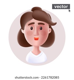 Young woman in white blouse avatar in circle frame. Realistic 3D style vector character illustration in cartoon style. Stunning icon for user person profile, happy ID card, joyful social media.