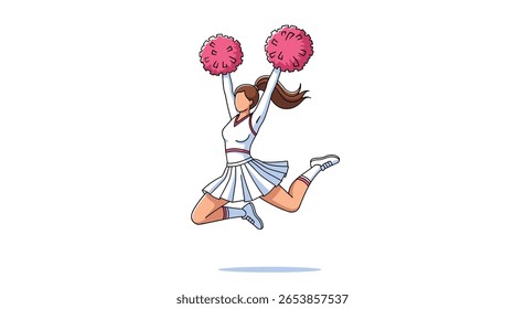 Uma jovem mulher com um uniforme branco de líder de torcida com pombas cor-de-rosa salta alto no ar
