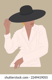 Joven con traje blanco y afiche ilustrativo. Concepto de poder femenino. Ilustración vectorial de color dibujada a mano.