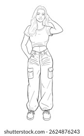 Young woman in a white crop top and green cargo pants standing casually with a hand in her pocket and a happy smile. Modern and stylish full body vector illustration.