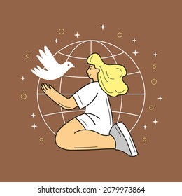 Young woman and white dove on the background of the globe. Peace and religion symbol. Flat illustration.