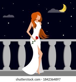 Young woman in white dress with red rose stay on the balcony and see on the moon. Starry sky, night background. Romantic vector concept