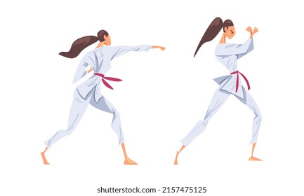 Young woman in white kimono practicing karate martial art cartoon vector illustration