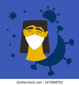 Young woman in white medical face mask. Female patient in prevention mask. 2019-nCoV quarantine. Fear of pandemic of coronavirus. Vector flat illustration.