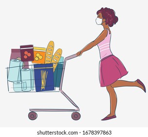 Young woman in white medical mask with cart shopping in supermarket. Concept of corona virus  quarantine vector illustration