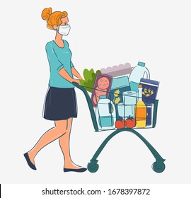 Young woman in white medical mask with cart shopping in supermarket. Concept of corona virus  quarantine vector illustration