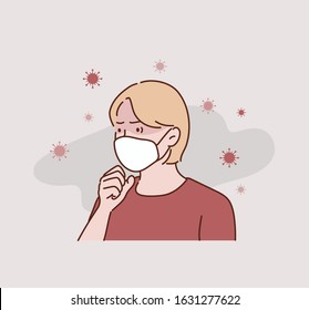 Young woman with white shirt wearing a mask isolated on white background. Virus protect concept idea. Corona virus protection. Hand drawn style vector design illustrations.