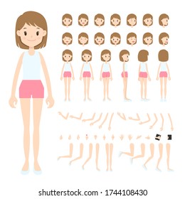 Young woman in white singlet and brown shorts. Front, back, side, 3/4 view, turn around character. Flat cartoon girl with parts of body, face expression, arm, leg, and hand pose. Vector illustration.