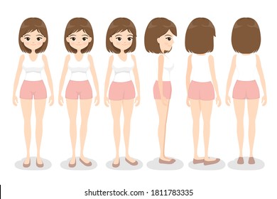 Young woman in white singlet and pink shorts. Front, back, side and 3/4 view, turn around character. Flat cartoon girl. Vector illustration.