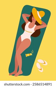 Young woman in white swimsuit sunbathing on sandy beach, lying on towel, straw hat covering eyes - vector color flat illustration for banners, postcards, posters, flyers