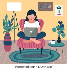 young woman in white tee shirt and blue jeans sits on pink armchair at home surrounded by green plants and a cup of coffee on coffee table and works on her laptop computer. flat vector illustration