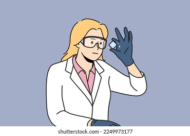 Young woman in white uniform look at chemical element make experiment. Smiling female researcher or scientist in glasses analyze object. Vector illustration. 