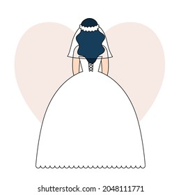 Young woman in a white wedding dress, the bride stands with her back at the wedding, festive celebration. Vector illustration in outline style, colored doodle.